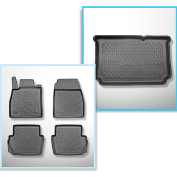 Conjunto de alfombrilla para maletero y alfombrillas para el interior del coche TPE PREMIUM para: Ford Fiesta VII Hatchback (07.2017-2023) - parte inferior del maletero; modelos sin base móvil en el maletero; también con tracción híbrida