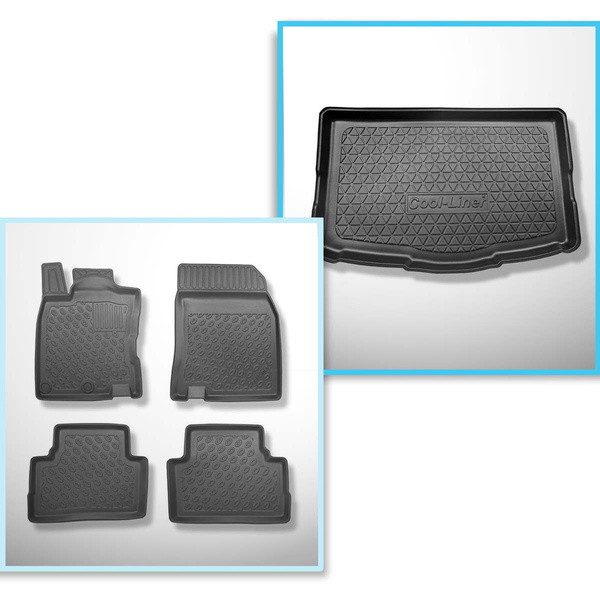 Conjunto de alfombrilla para maletero y alfombrillas para el interior del coche TPE PREMIUM para: Nissan Qashqai II Crossover (02.2014-05.2021) - parte inferior del maletero: con kit de reparación (Acenta & Tekna) y todos los modelos (Visia); con rueda de