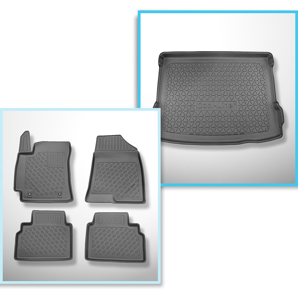 Conjunto de alfombrilla para maletero y alfombrillas para el interior del coche TPE para: Hyundai Kona II SUV (04.2023-....) - maletero superior; suelo móvil en la posición superior; con y sin subwoofer; no para la versión eléctrica; también híbridos