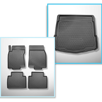 Conjunto de alfombrilla para maletero y alfombrillas para el interior del coche TPE PREMIUM para: Nissan X-Trail III T32 SUV (08.2014-....) - 5 plazas; maletero inferior (bajo el suelo móvil); sin tercera fila