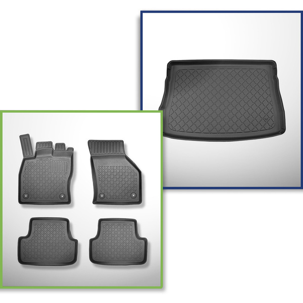Conjunto de alfombrilla para maletero y alfombrillas para el interior del coche TPE para: Volkswagen Golf VIII Hatchback (12.2019-....) - maletero superior; suelo móvil en la posición superior; con la rueda de repuesto completa / con la rueda de repuesto