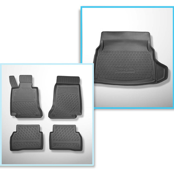 Conjunto de alfombrilla para maletero y alfombrillas para el interior del coche TPE PREMIUM para: Mercedes-Benz Classe C W205 Berlina (03.2014-11.2020) - asientos traseros reclinables (abatibles); compartimento derecho desmontable en modelos con red later