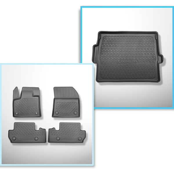 Conjunto de alfombrilla para maletero y alfombrillas para el interior del coche TPE para: Peugeot 3008 II SUV (11.2016-11.2023) - maletero superior (borde de carga del maletero igualado); suelo móvil en la posición superior; no para la versión híbrida; co