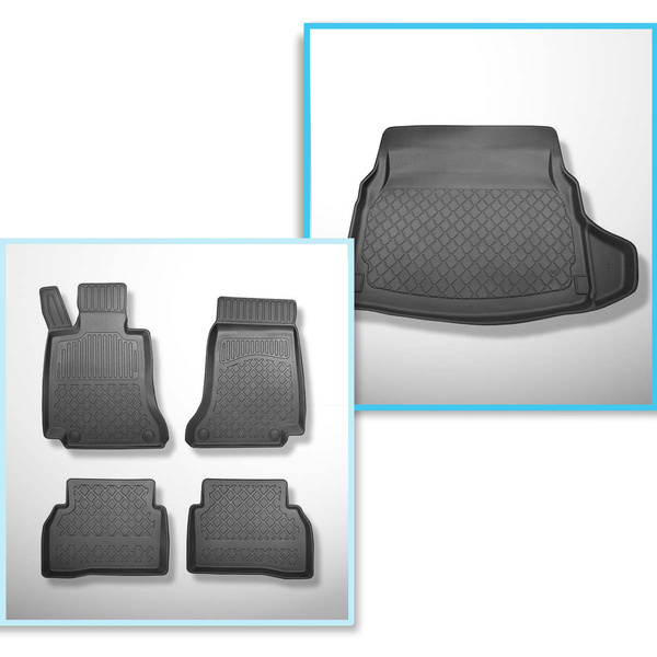Conjunto de alfombrilla para maletero y alfombrillas para el interior del coche TPE para: Mercedes-Benz Classe C W205 Berlina (03.2014-11.2020) - asientos traseros reclinables (abatibles); compartimento derecho desmontable en modelos con red lateral