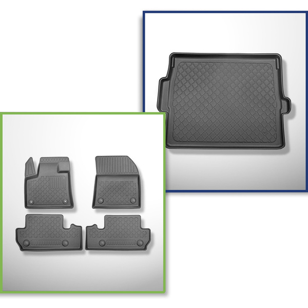 Conjunto de alfombrilla para maletero y alfombrillas para el interior del coche TPE para: Peugeot 3008 II SUV (11.2016-11.2023) - maletero superior (borde de carga del maletero igualado); suelo móvil en la posición superior; no para la versión híbrida; co