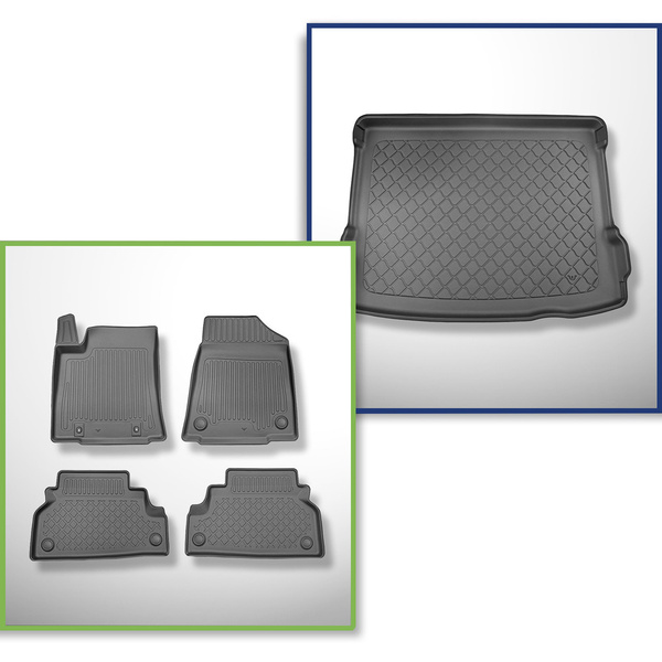 Conjunto de alfombrilla para maletero y alfombrillas para el interior del coche TPE para: Hyundai Kona II SUV (04.2023-....) - maletero superior; suelo móvil en la posición superior; con y sin subwoofer