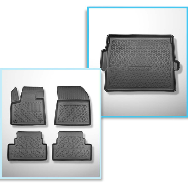 Conjunto de alfombrilla para maletero y alfombrillas para el interior del coche TPE PREMIUM para: Opel Grandland X SUV (10.2017-2021) - maletero superior (borde de carga del maletero igualado); suelo móvil en la posición superior; no para la versión híbri