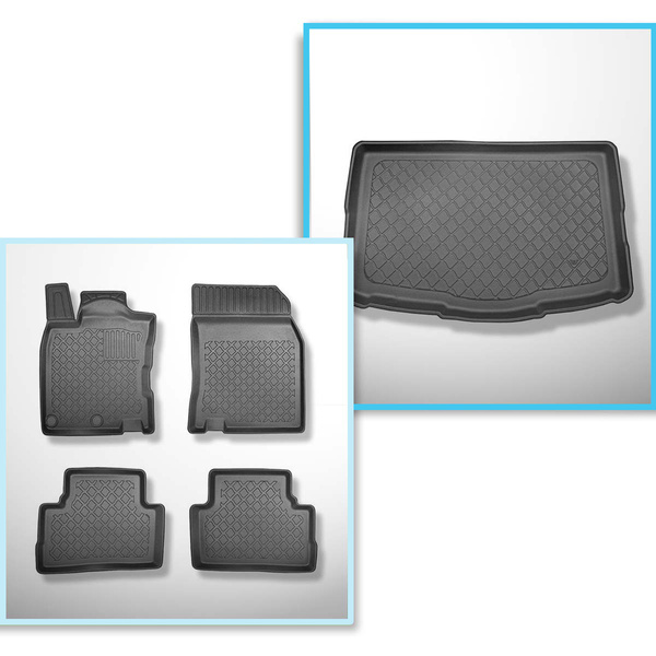 Conjunto de alfombrilla para maletero y alfombrillas para el interior del coche TPE para: Nissan Qashqai II Crossover (02.2014-05.2021) - parte inferior del maletero: con kit de reparación (Acenta & Tekna) y todos los modelos (Visia); con rueda de repuest