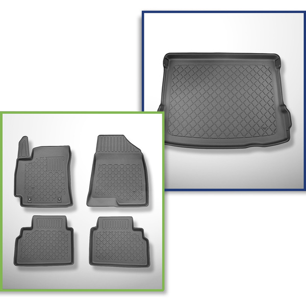 Conjunto de alfombrilla para maletero y alfombrillas para el interior del coche TPE para: Hyundai Kona II SUV (04.2023-....) - maletero superior; suelo móvil en la posición superior; con y sin subwoofer; no para la versión eléctrica; también híbridos