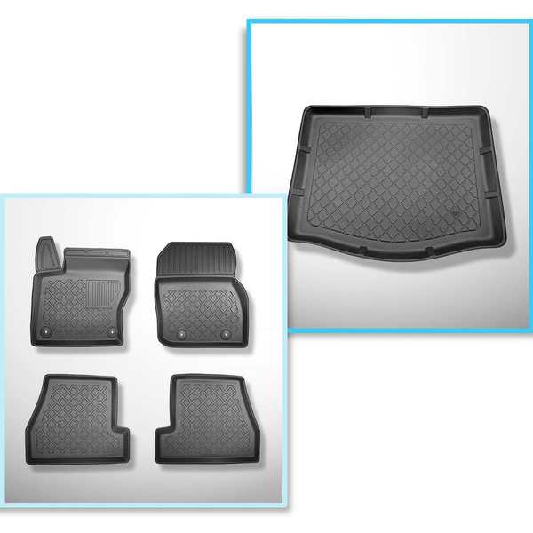 Conjunto de alfombrilla para maletero y alfombrillas para el interior del coche TPE para: Ford Focus III Hatchback (03.2011-08.2018) - con rueda de repuesto provisional o kit de reparación