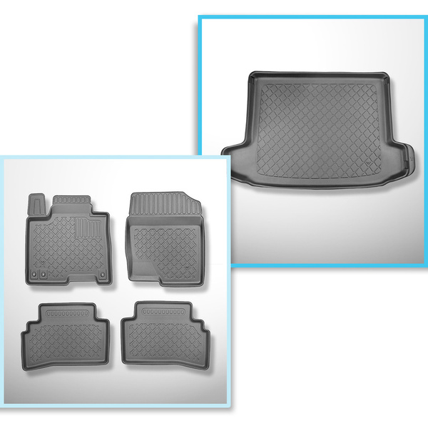 Conjunto de alfombrilla para maletero y alfombrillas para el interior del coche TPE para: Hyundai Tucson III NX4 SUV (12.2020-....) - maletero superior; suelo móvil en la posición superior; compartimiento derecho desmonable en los modelos con subwoofer; t