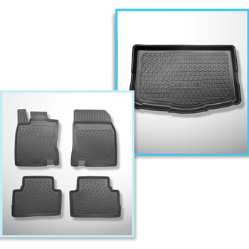 Conjunto de alfombrilla para maletero y alfombrillas para el interior del coche TPE PREMIUM para: Nissan Qashqai II Crossover (02.2014-05.2021) - parte inferior del maletero: con kit de reparación (Acenta & Tekna) y todos los modelos (Visia); con rueda de