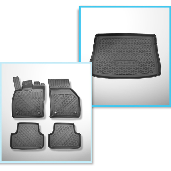 Conjunto de alfombrilla para maletero y alfombrillas para el interior del coche TPE para: Volkswagen Golf VIII Hatchback (12.2019-....) - maletero superior; suelo móvil en la posición superior; con la rueda de repuesto completa / con la rueda de repuesto