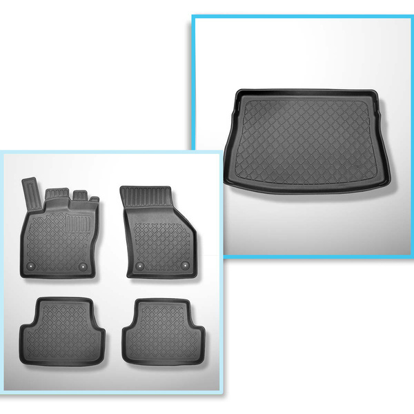 Conjunto de alfombrilla para maletero y alfombrillas para el interior del coche TPE para: Volkswagen Golf VII Hatchback (10.2012-12.2019) - parte superior del maletero con rueda de repuesto provisional/kit de reparación; rueda de repuesto completa