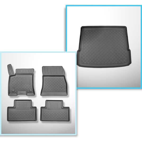 Conjunto de alfombrilla para maletero y alfombrillas para el interior del coche TPE para: Mercedes-Benz EQB X243 SUV (12.2021-....) - 5 plazas; maletero superior; suelo móvil en la posición superior; 7 plazas - 3a fila abatible