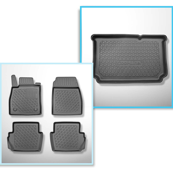Conjunto de alfombrilla para maletero y alfombrillas para el interior del coche TPE PREMIUM para: Ford Fiesta VII Hatchback (07.2017-2023) - parte inferior del maletero; modelos sin base móvil en el maletero; también con tracción híbrida