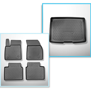 Conjunto de alfombrilla para maletero y alfombrillas para el interior del coche TPE PREMIUM para: Ford Focus IV Hatchback (09.2018-....) - parte superior maletero; con rueda de repuesto completa; base móvil en la posición más alta; también con tracción hí