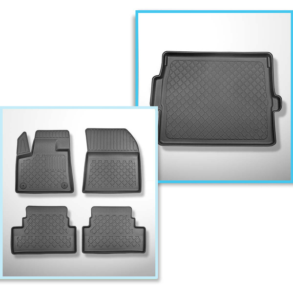 Conjunto de alfombrilla para maletero y alfombrillas para el interior del coche TPE para: Peugeot 3008 SUV (11.2016-11.2023) - maletero superior (borde de carga del maletero igualado); suelo móvil en la posición superior; no para la versión híbrida; sin H
