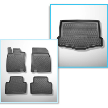 Conjunto de alfombrilla para maletero y alfombrillas para el interior del coche TPE PREMIUM para: Nissan Qashqai II Crossover (02.2014-05.2021) - parte inferior del maletero con rueda de repuesto provisional (base doble sacada del maletero)