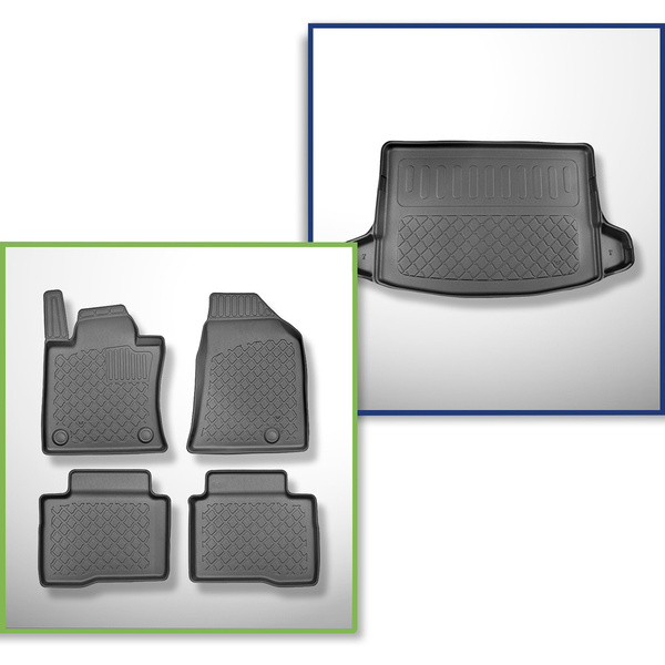 Conjunto de alfombrilla para maletero y alfombrillas para el interior del coche TPE para: Ssangyong Korando IV C300 SUV (09.2019-....) - maletero superior; modelos con suelo móvil de maletero; la cavidad izquierda y/o derecha se puede cortar; no para la v