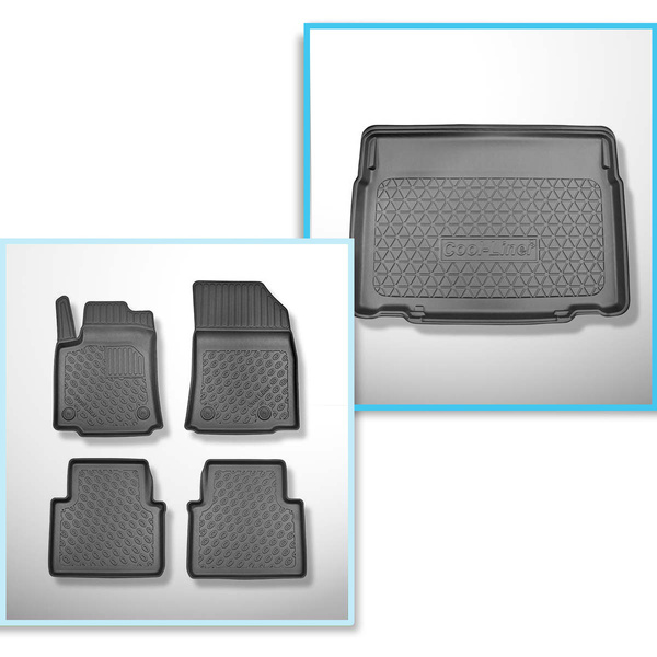 Conjunto de alfombrilla para maletero y alfombrillas para el interior del coche TPE PREMIUM para: Citroen C3 Aircross II SUV (11.2017-2024) - maletero inferior; piso móvil en la posición más baja o sin el piso móvil; asientos traseros reclinables y corred